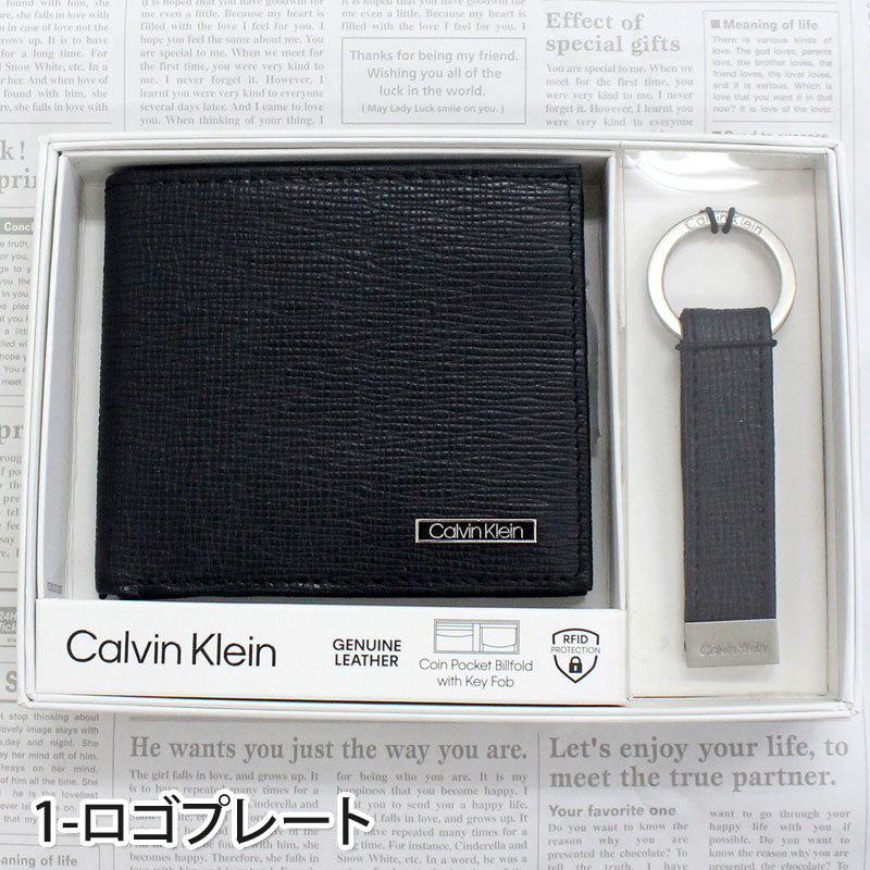 Calvin Klein カルバンクライン CK リアルレザーエンボス2つ折り財布 ウォレット キーリング付き