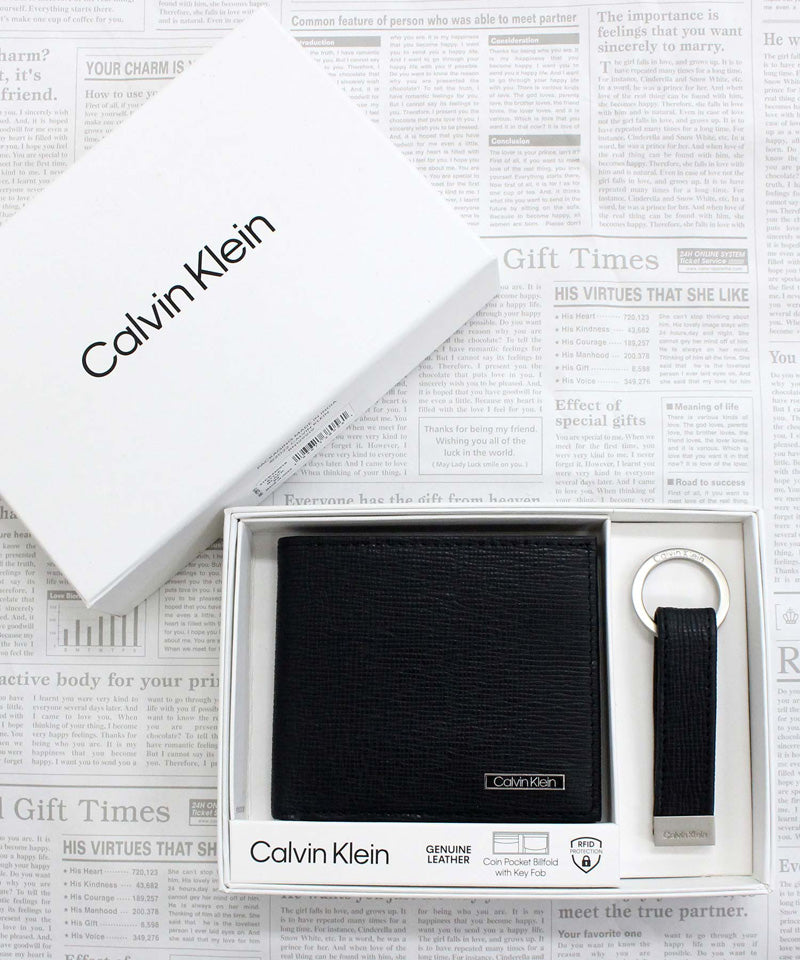 Calvin Klein カルバンクライン CK リアルレザーエンボス2つ折り財布 ウォレット キーリング付き