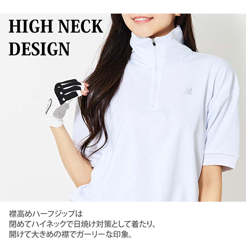 5007 【ゴルフ女子M】ellesse ストライプ襟ポロシャツ 半袖 ホワイト gs GOLFゴルフウェア レディース ハーフジップ リブロゴトップス