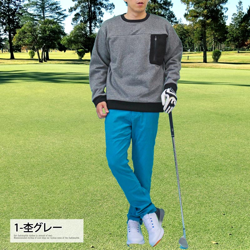 ゴルフウェア メンズ ニットフリース トレーナー 暖かい 裏起毛 クルー