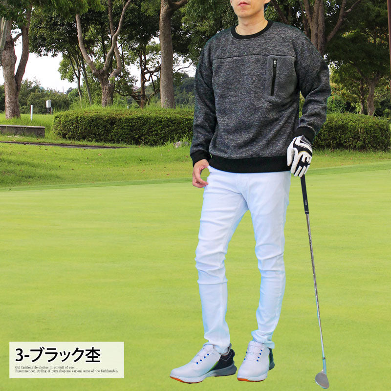 ゴルフウェア メンズ ニットフリース トレーナー 暖かい 裏起毛 クルー