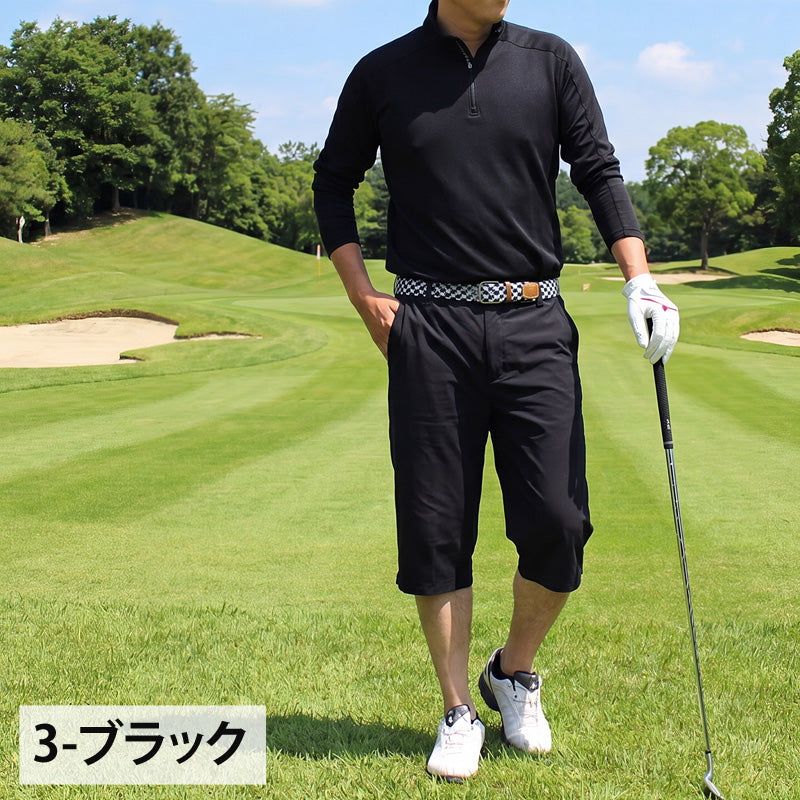新品　ゴルフウェア ハーフパンツ ブラック ワッペンデザイン ストレッチ メンズ ゴルフウェア メンズ ゴルフパンツ ハーフパンツ 接触冷感 ストレッチ