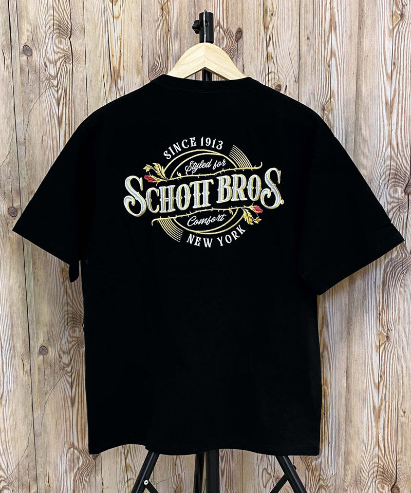 SCHOTT BROS. ブラック 半袖シャツ Schott N.Y.C ショット 刺繍 ワークシャツ ボーン イン