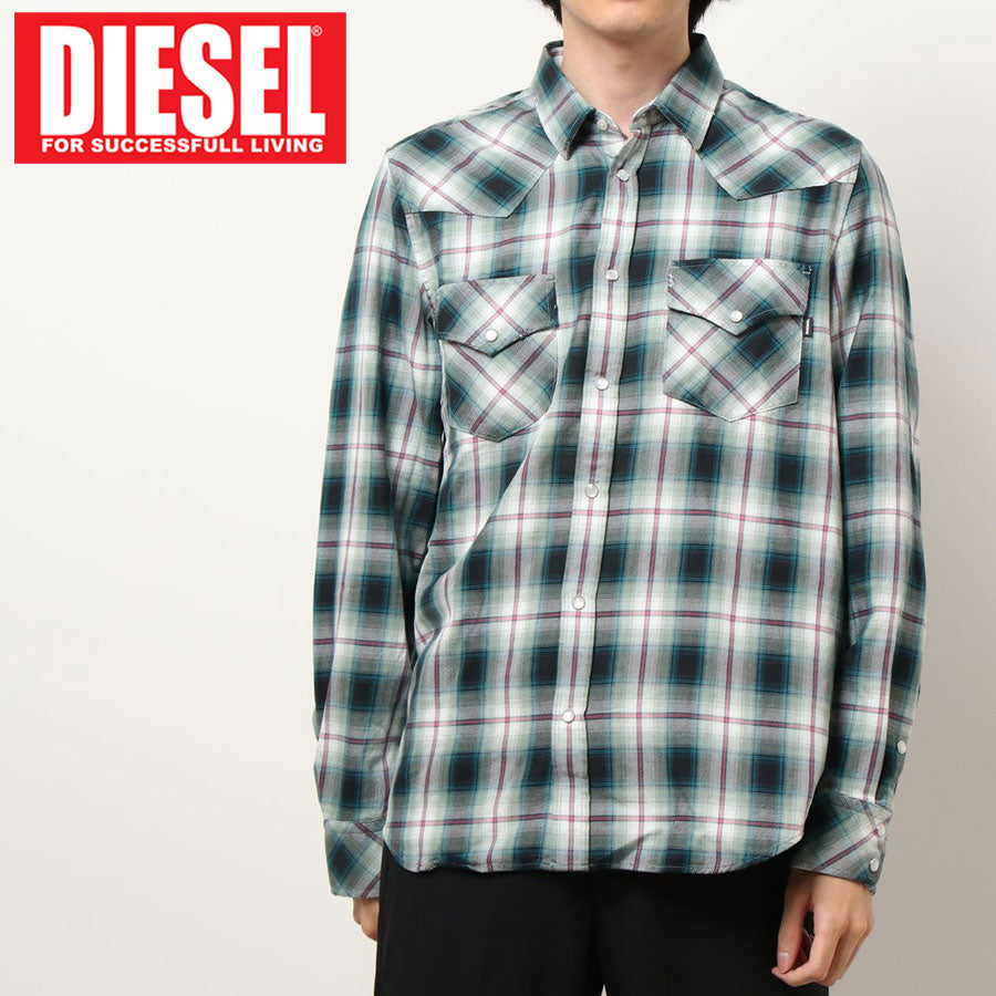 DIESEL オンブレチェックウエスタンL/Sシャツ シャドー M赤緑灰